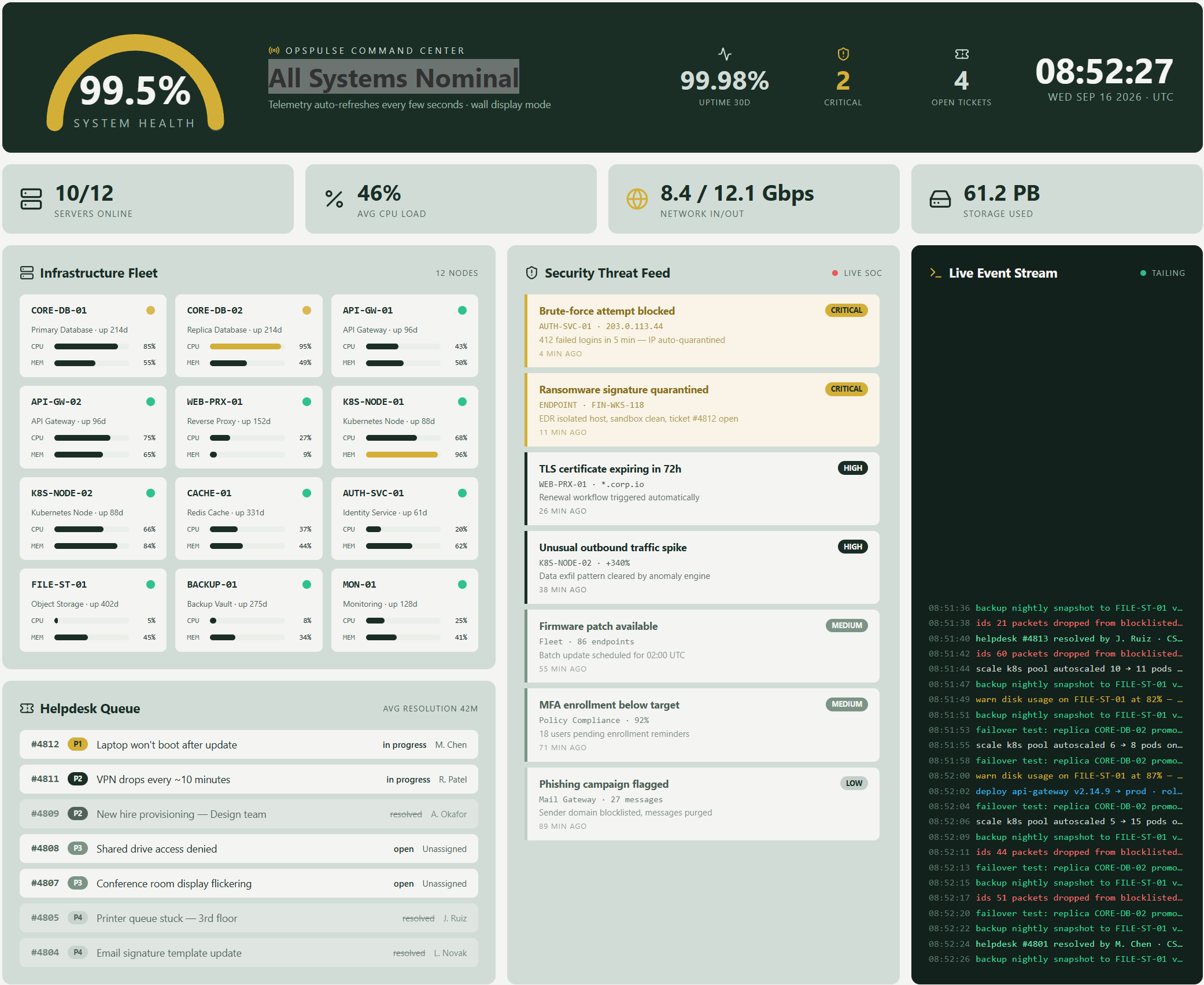Datacenter command center dashboard showing system health, infrastructure, security alerts, and live events